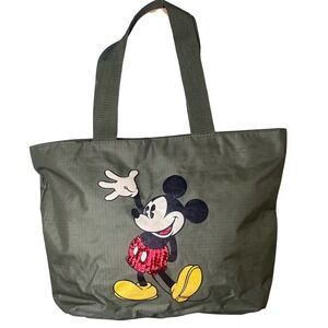 Disney Green Sequin Glitter Mickey Mouse Nylon Zippered Tote Bag 17" Read